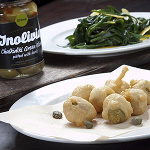 Battered olives fried with smoked pork